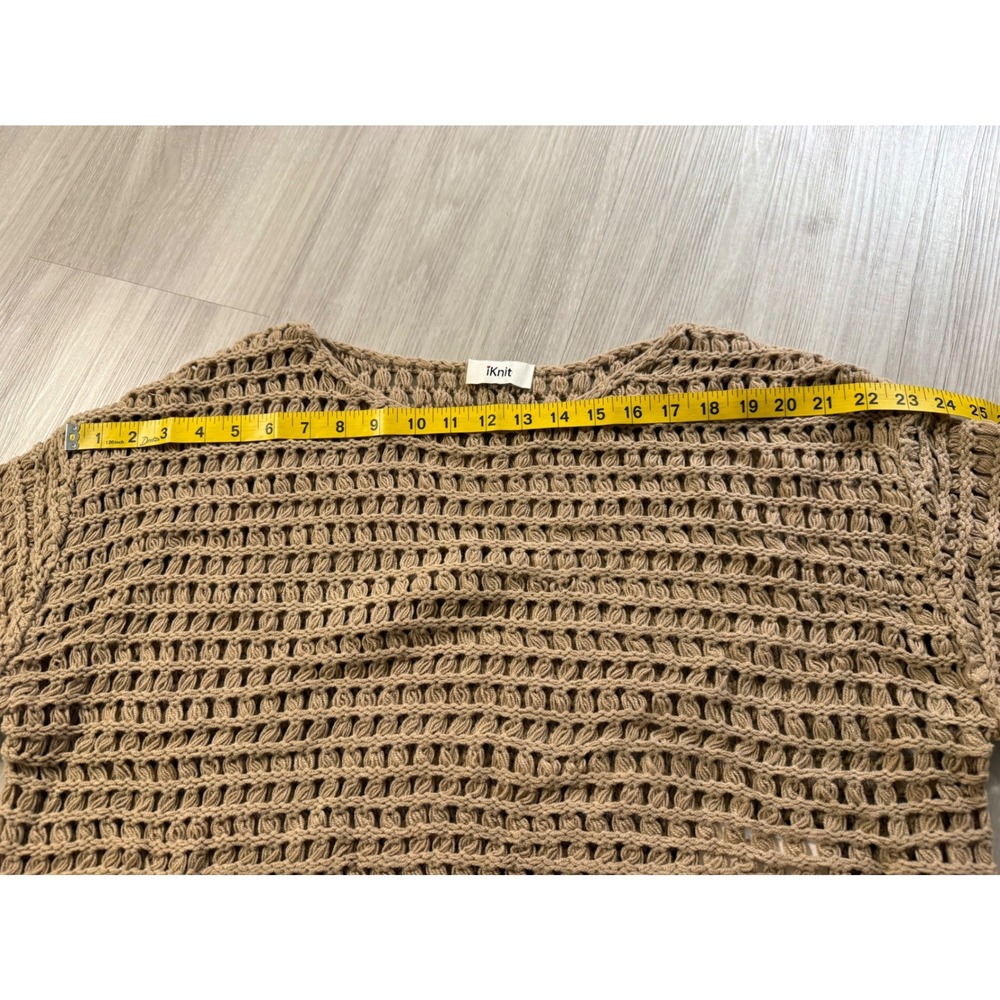 iKnit Women Tan Crochet Knit Cropped Sweater Striped Sleeve Boho Top 3869 NEW - Picture 6 of 9